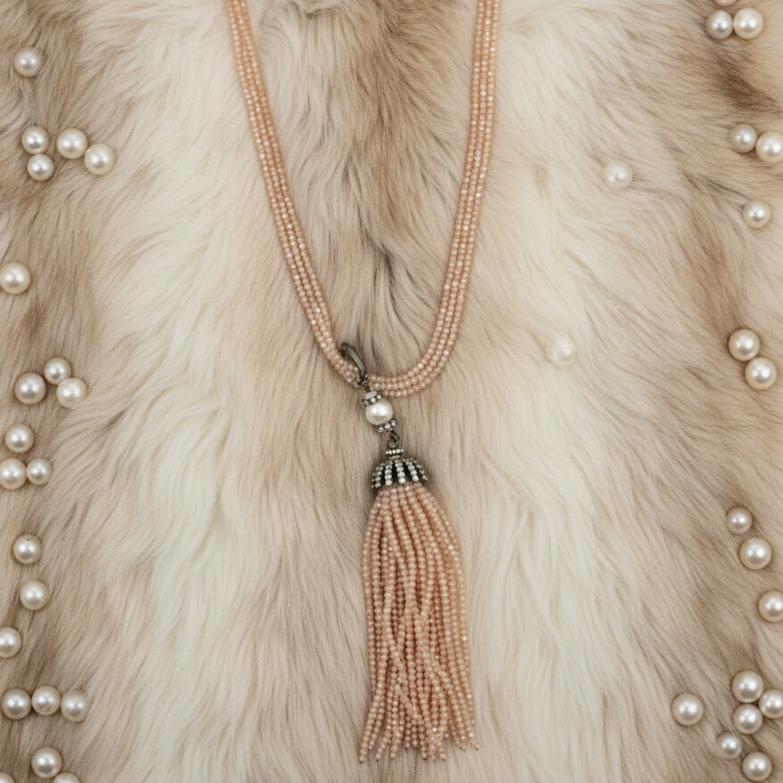 Peach Beaded Tassel Necklace